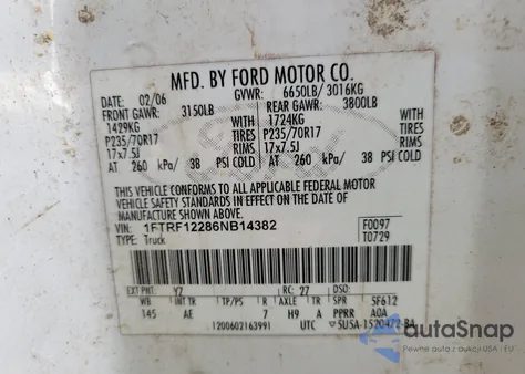 2006 Ford F-150 z USA, uszkodzony, nr VIN 1FTRF12286NB14382